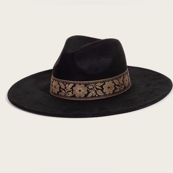 NWT Boho Western Fedora Felt Wide Brimmed Hat with Floral Band Black - Picture 4 of 5